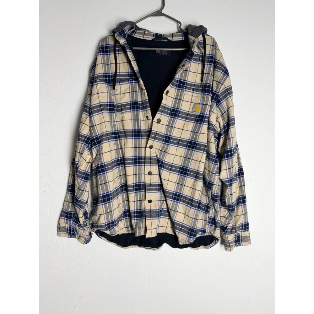 Carhartt Relaxed Fit Fleece Lined Flannel Hooded Shirt Jacket Plaid Mens XL